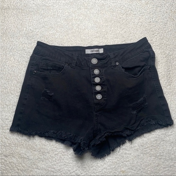 Refuge Black Distressed Jean shorts Size 6 Black Button Fly - Picture 6 of 7